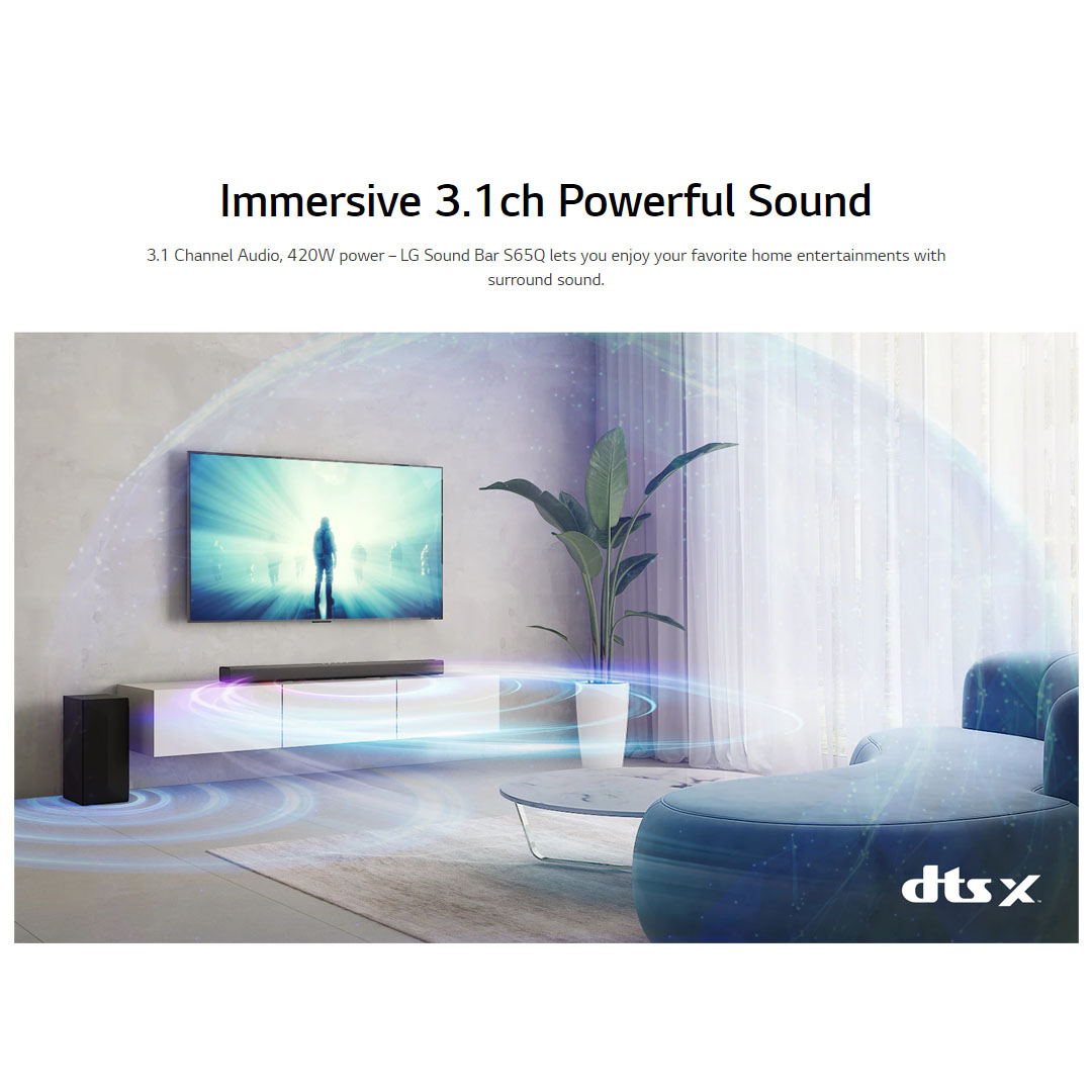 LG 420W Sound Bar with DTS Virtual:X S65Q | AI Sound Pro | Meridian | 3.1 Channel Audio | Sound Bar with 1 Year Warranty