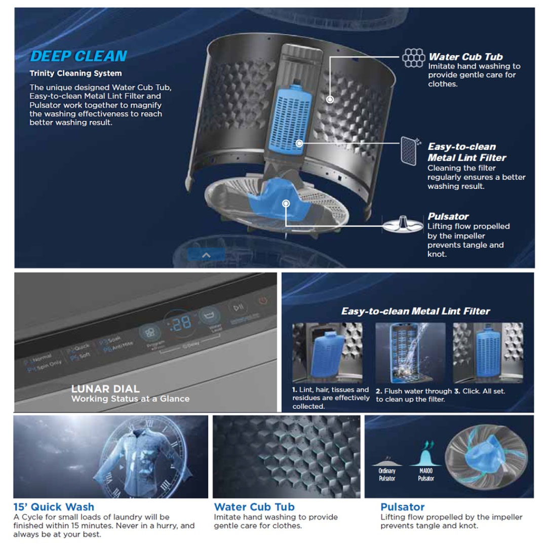 Midea 9.5KG Top Load Washing Machine  MA100W95 | 5' Quick Wash | One-Touch Smart Wash | Auto Clean | Water Cub Tub | Washing Machine with 2 Year Warranty