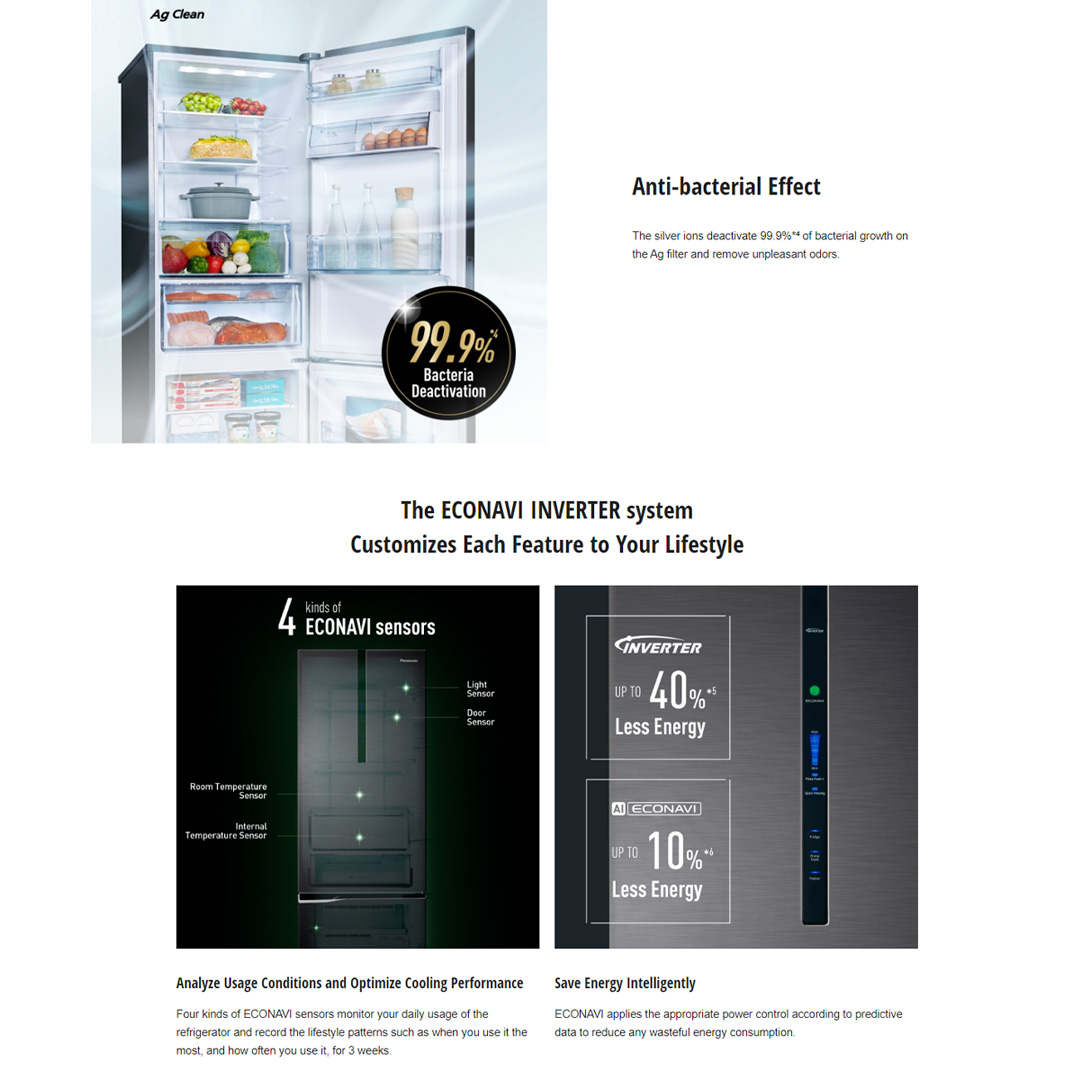 Panasonic 358L 2 Doors Top Mount Inverter Refrigerator with AI ECONAVI  NR-BC360XS | Prime Fresh+ Keeps Food Fresh with Faster Soft Freezing | Cook Healthy Meals Every Day with Prime Fresh+ | Anti-bacterial Effect | Refrigerator With 1 Year Warranty