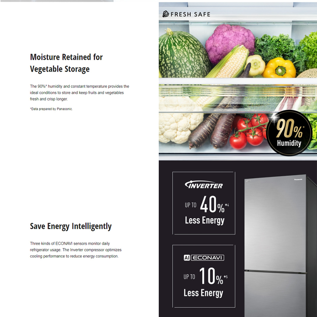 Panasonic 422L 2 Doors Bottom Mount Inverter Refrigerator with AI ECONAVI NR-BX421BPS | Faster Soft Freezing Keeps Food Fresh with Prime Fresh | Cook Healthy Meals Every Day with Prime Fresh | Anti-bacterial Effect | Refrigerator With 1 Year Warranty