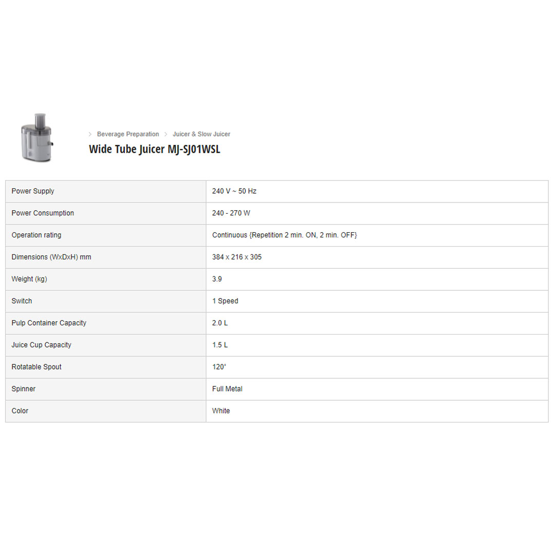 Panasonic 2L Wide Tube Juicer MJ-SJ01WSL | Spinner Material | 230W Power Consumption | Large Feeding Tube | Juice Extractor with 1 Year Warranty