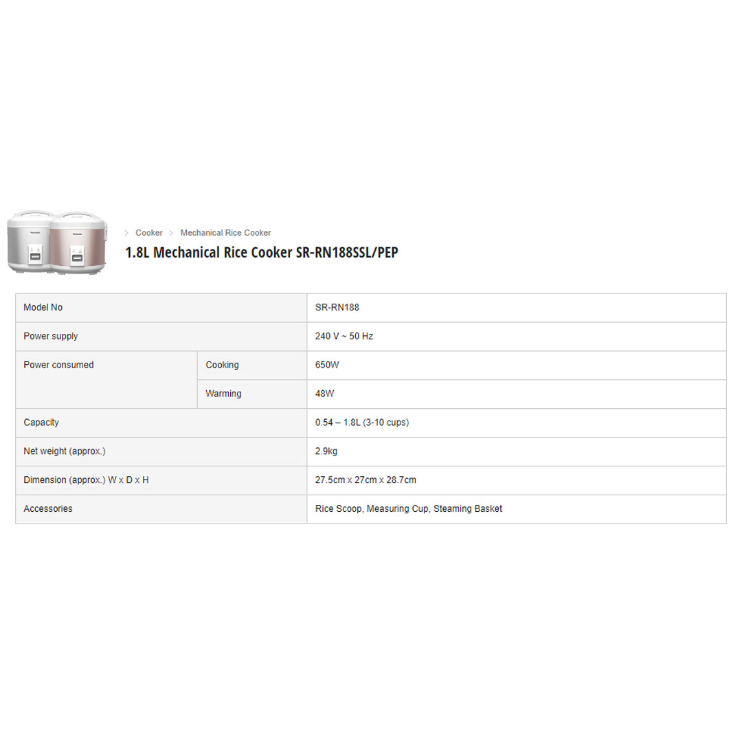 Panasonic 1.8L Mechanical Rice Cooker SR-RN188SSL | Non-stick Coated Pan | Easy to Wash | Easy Detachable | Rice Cookers with 1 Year Warranty