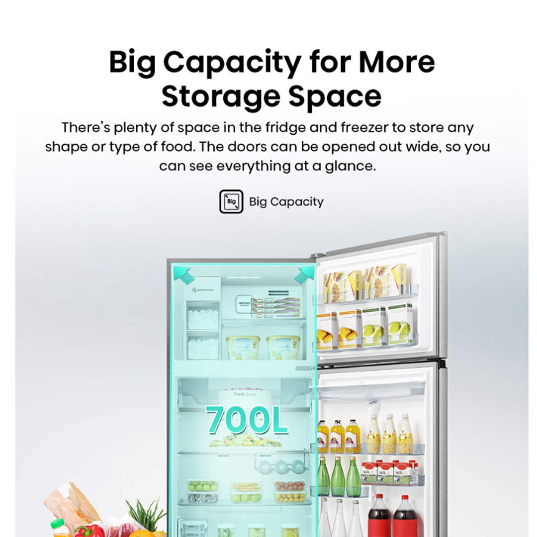 HISENSE 700L 2 Doors Top Mount Durable Inverter Refrigerator RT749N4ABVI | Digital Touch Control | Dual LED Lighting | Super Freeze | Fresh Zone | Multi-Air Flow | Magnetic Door Switch | Refrigerator with 3 Year Warranty