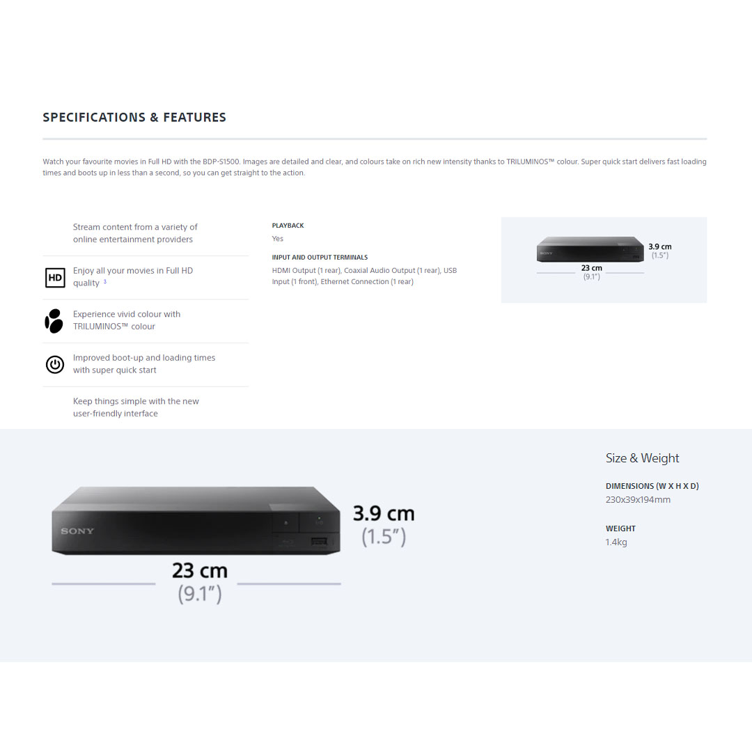 SONY Blu-ray Disc™ Player BDP-S1500 | NTSC/PAL | HDMI | Child Lock | U