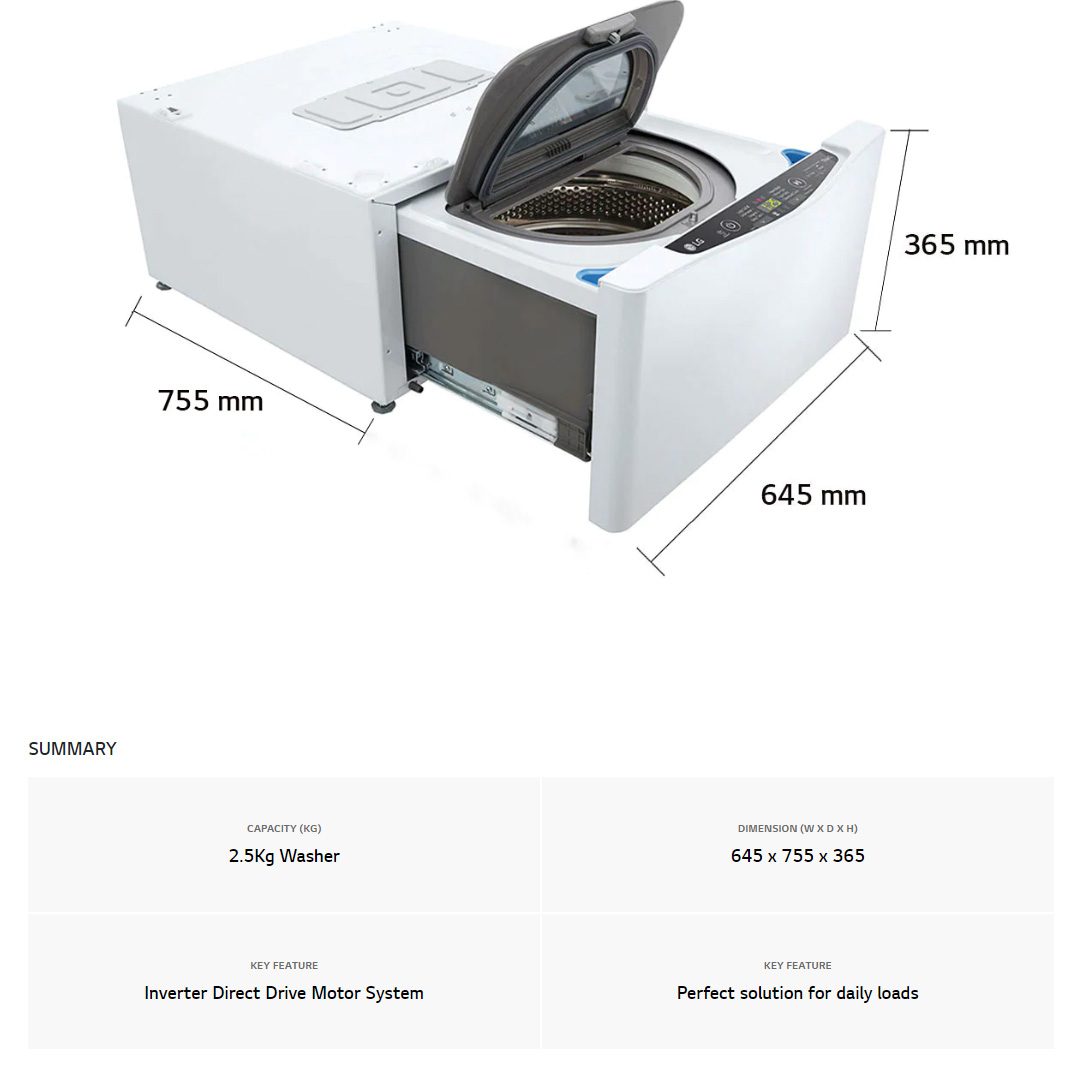 LG 2.5KG TWIN Load Washer with Perfect solution for daily laundry T2525NWLW | Smart Diagnosis™ | Tub Clean | ThinQ™ | Washing Machine with 1 Year Warranty