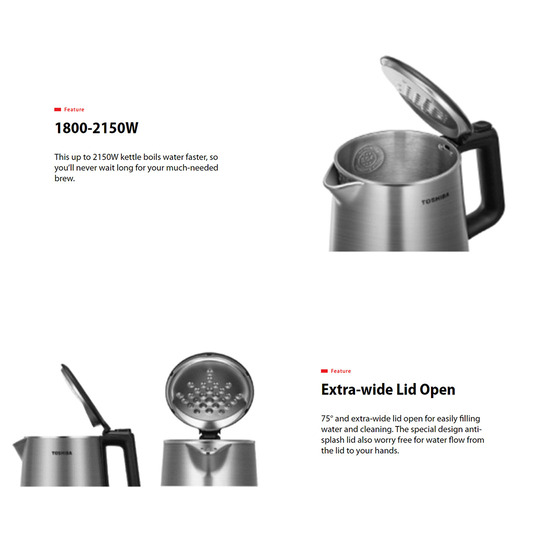 TOSHIBA 1.7L Kettle KT-17DR1NMY | Stainless Steel | CoolTouch | Auto Shut-off Protection | Concealed Heating Element | Kettle with 1 Year Warranty