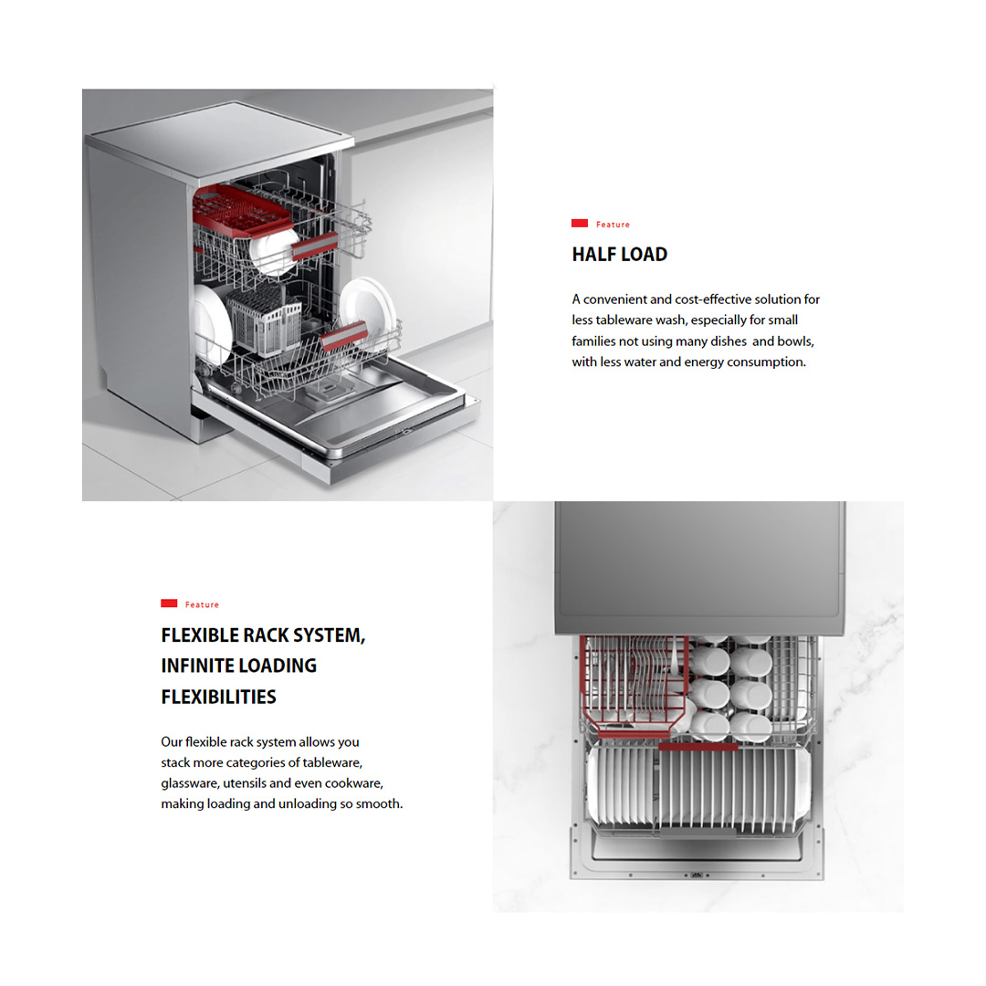 TOSHIBA 14 Place Setting Standing Dishwasher DW-14F1(S)-MY | High-Standard Hygiene | Personalize Uncleaned Dishware | Off-Peak Wash | Soil-Sensing Auto Cycle | Daily Auto | Half Load | LED Display Panel | Standing Dishwasher with 1 Year Warranty