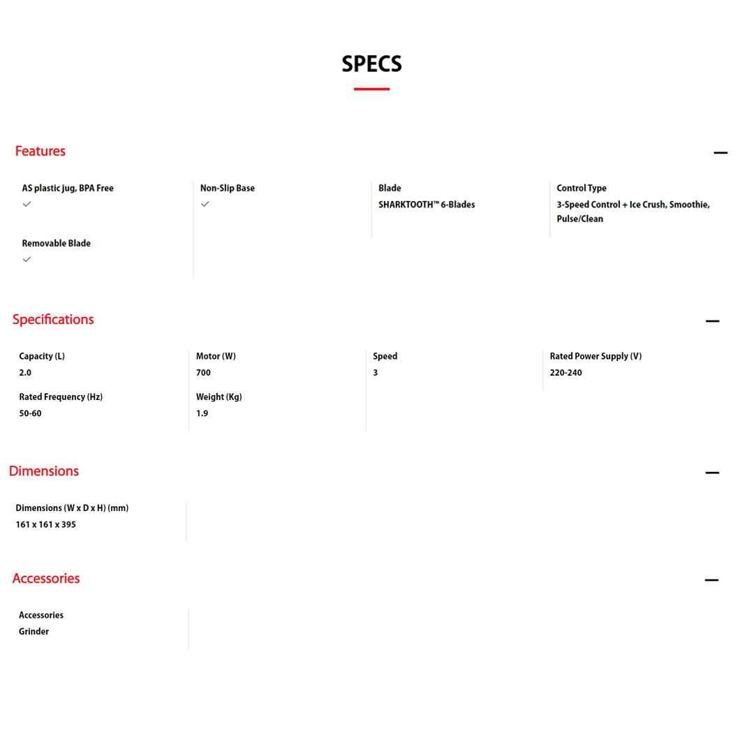 TOSHIBA 2L Jug Blender BL-70PR1NMY | 700W motor | 3 Speed | Ice Crush Function | Jigsaw 6-point Blade | Blender with 1 Year Warranty
