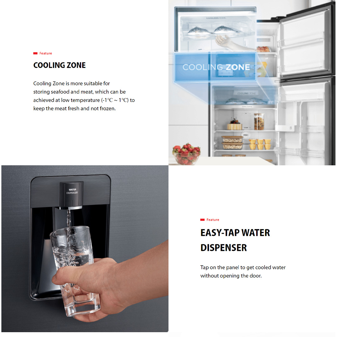 TOSHIBA 360L 2 Doors Top Mount AirFALL Cooling Origin Inverter Refrigerator GR-RT415WE-PMY(06) | 5-Star Energy Efficiency | Humidity Control | Cooling Zone | Water Dispenser | Refrigerator with 1 Year Warranty