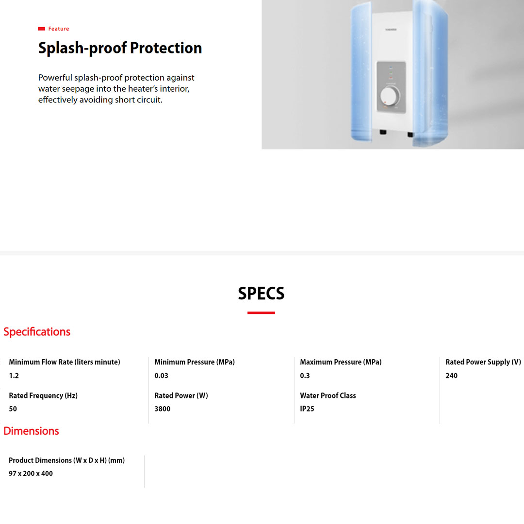 TOSHIBA 3800W Instant Electric Water Heater TWH-38WMY(W) | Spiral Flow Heating System | Protection with ELCB | Water Heater with 1 Year Warranty