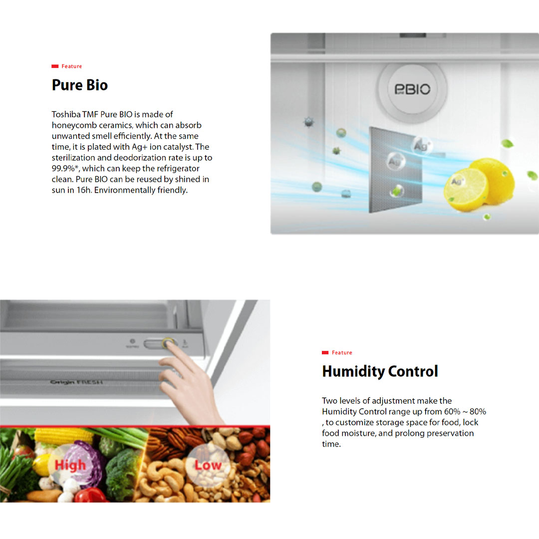 TOSHIBA 400L 2 Doors Top Mount AirFall Origin Inverter Refrigerator GR-RT468WE-PMY(06) | Cooling Zone | Pure Bio | Humidity Control | Eco Mode | Quick Freezing Mode | Cool Air Wrap | Refrigerator with 1 Year Warranty