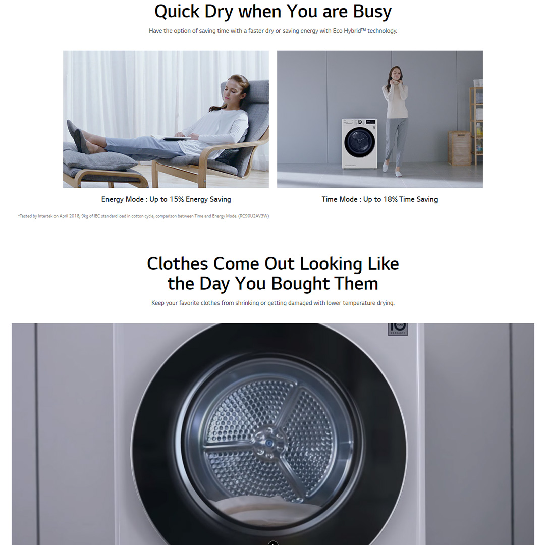 LG 9KG Front Load Heatpump Dryer with Dual Inverter and Auto Cleaning Condenser VD-H9066WS | Quick Dry | LG ThinQ™ | Wi-Fi | Dryer with 1 Year Warranty