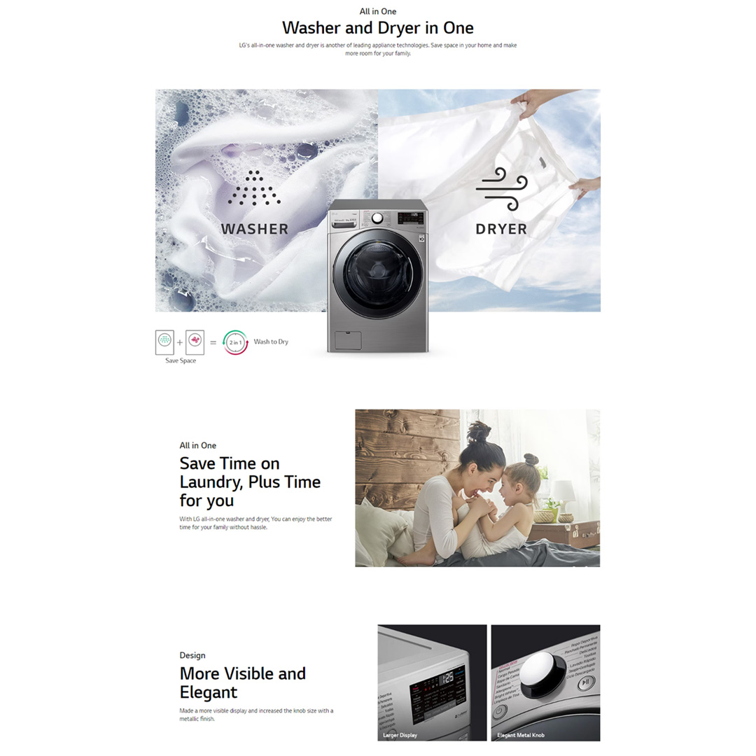 LG 20KG/10KG Front Load Washer Dryer with Direct Drive Inverter and Steam F2720RVTV | 6motion DD | TurboWash™ | Steam™ | Washer Dryer with 1 Year Warranty