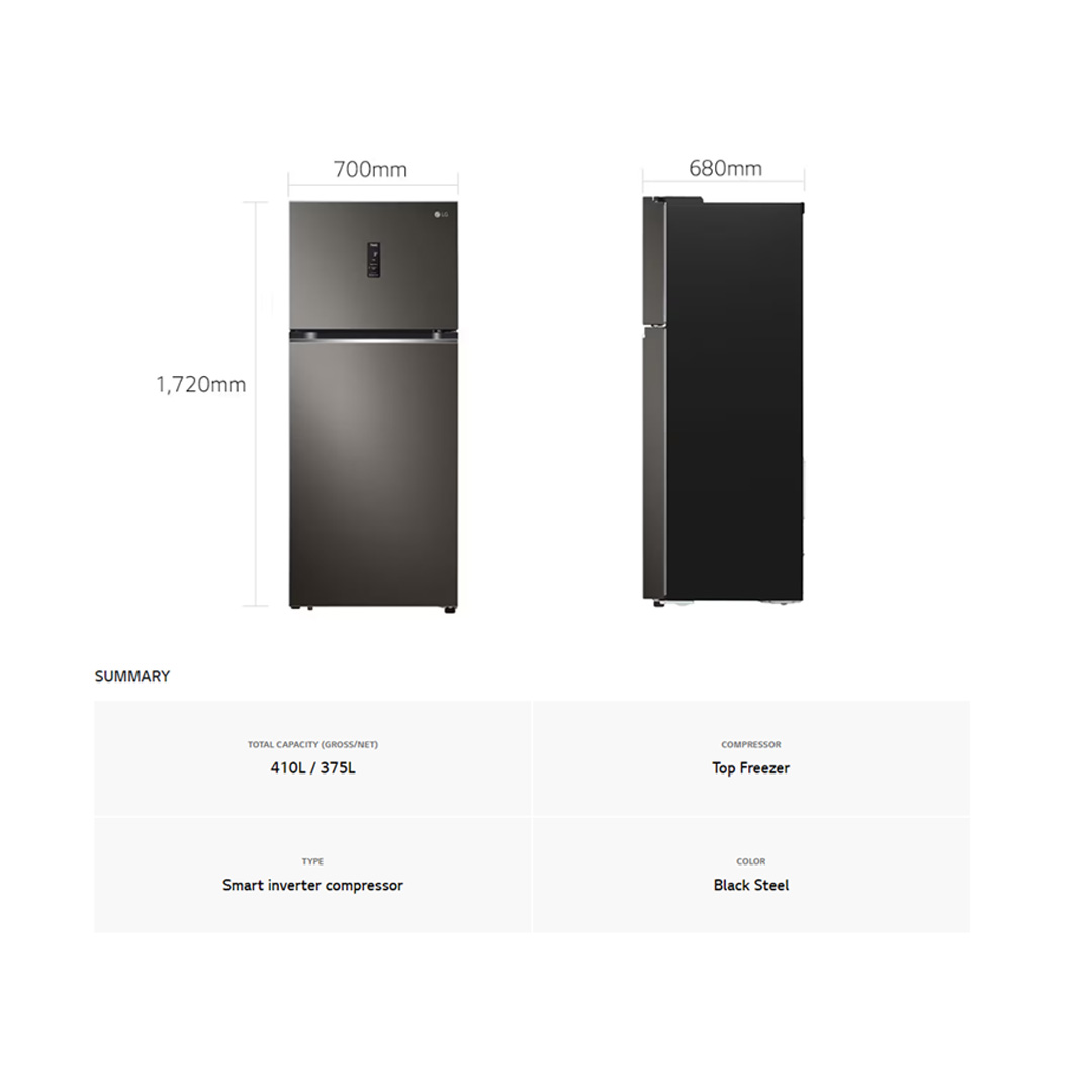 LG 410L 2 Doors Top Mount Smart Inverter Refrigerator GN-B372PXBK | Hygiene Fresh+™ | Fresh 0 Zone | Smart Diagnosis™ | Refrigerator With 1 Year Warranty