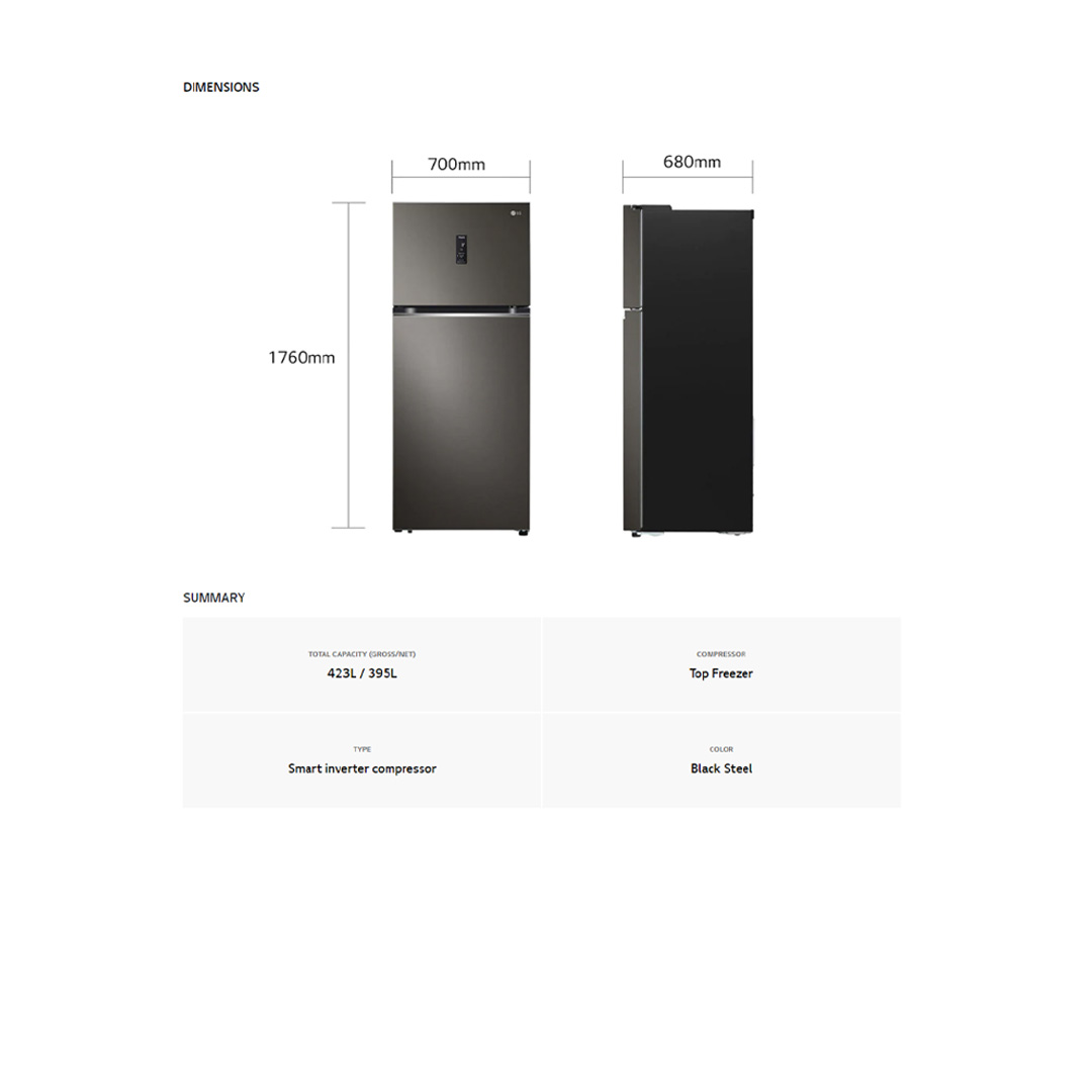 LG 423L 2 Doors Top Mount Smart Inverter Refrigerator GN-B392PXBK | Hygiene Fresh+™ | Fresh 0 Zone | Smart Diagnosis™ | Refrigerator with 1 Year Warranty