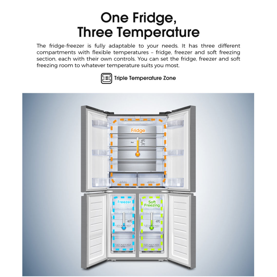 HISENSE 520L Four Doors Inverter Refrigerator RQ568N4AWU | Double Cooling | Metal-Tech Cooling | Metal Glide Drawer | Led Lighting | Refrigerator with 3 Years Warranty