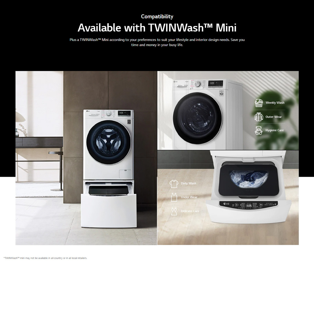 LG 10.5KG Front Load Washer with AI Direct Drive and Steam FV1450S4W | 6 Motion | Smart Diagnosis | Wifi | Tub Clean | Easy Care | Silent Wash | Smart Appliance | Loa Washer with 1 Year Warranty