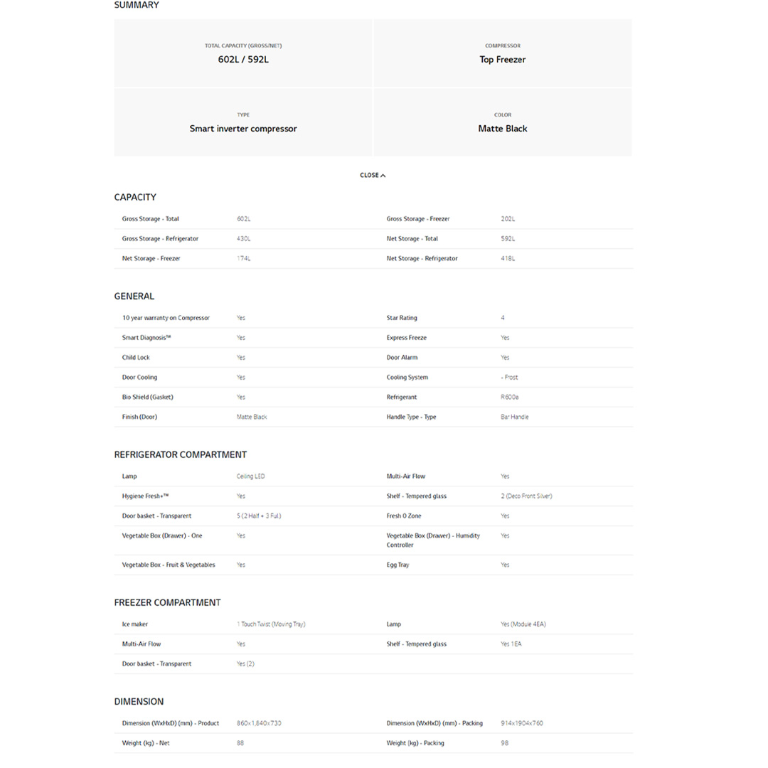 LG 602L 2 Door Top Mount Smart Inverter Refrigerator Matte GR-H802HQHM | Child Lock | Door Cooling | Smart Diagnosis | Door Alarm | Express Freeze | Ice Maker | Refrigerator with 1 Year Warranty