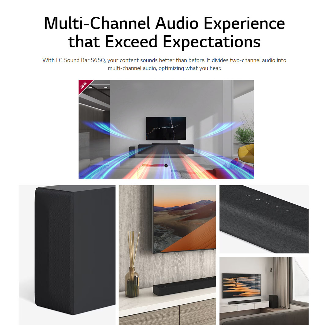 LG 420W Sound Bar with DTS Virtual:X S65Q | AI Sound Pro | Meridian | 3.1 Channel Audio | Sound Bar with 1 Year Warranty