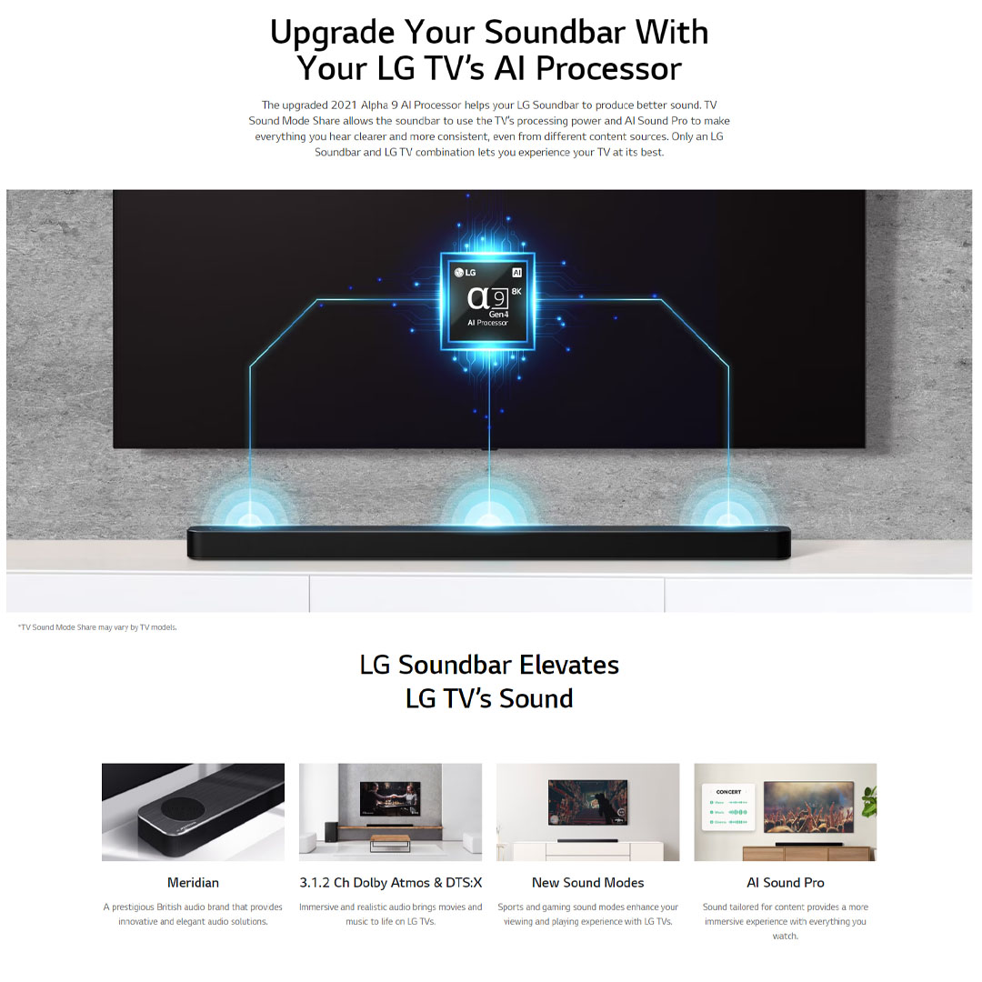 LG 440W Sound Bar with Dolby Atmos & DTS Virtual:X SP8A | AI Sound Pro | Dolby ATMOS | Meridian | Sound Bar with 1 Year Warranty