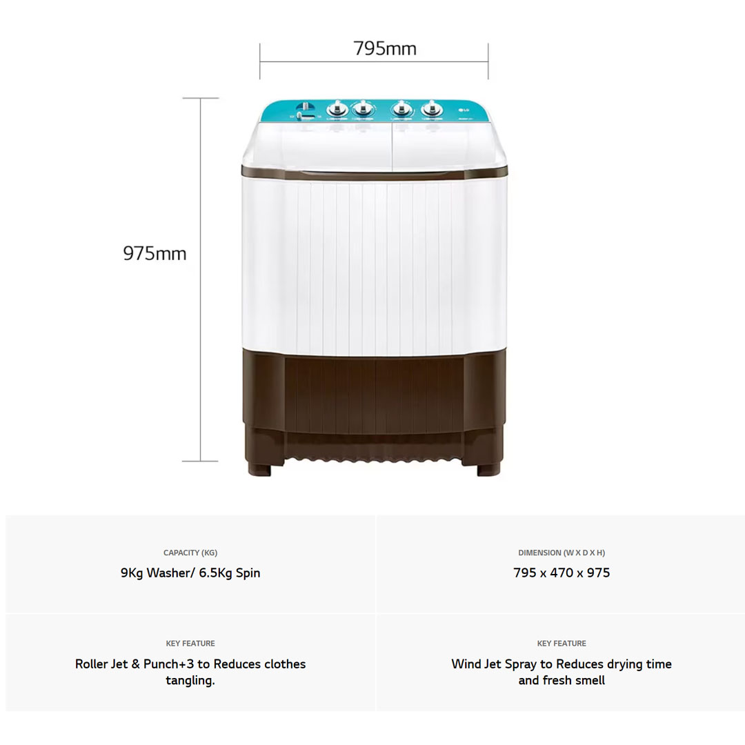 LG 9KG Semi-Auto Twin Tub with Roller Jet Pulsator Washing Machine WP-900G | Punch +3 | Wind Jet Spray | 3 Wash Program | Washing Machine with 1 Year Warranty