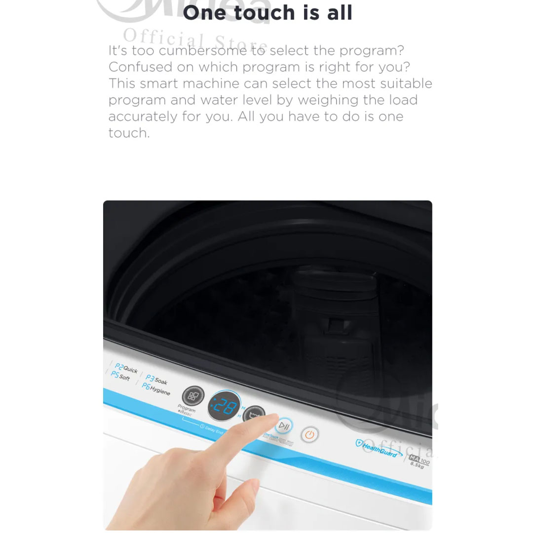 Midea 9.5KG Top Load Washing Machine MA100W95/WK/E | Lunar Dial | Pulsator | 15' Quick Wash | One-Touch Smart Wash | Auto Clean | Easy-To-Clean Metal Lint Filter | Water Cub Tub | Washing Machine with 2 Year Warranty