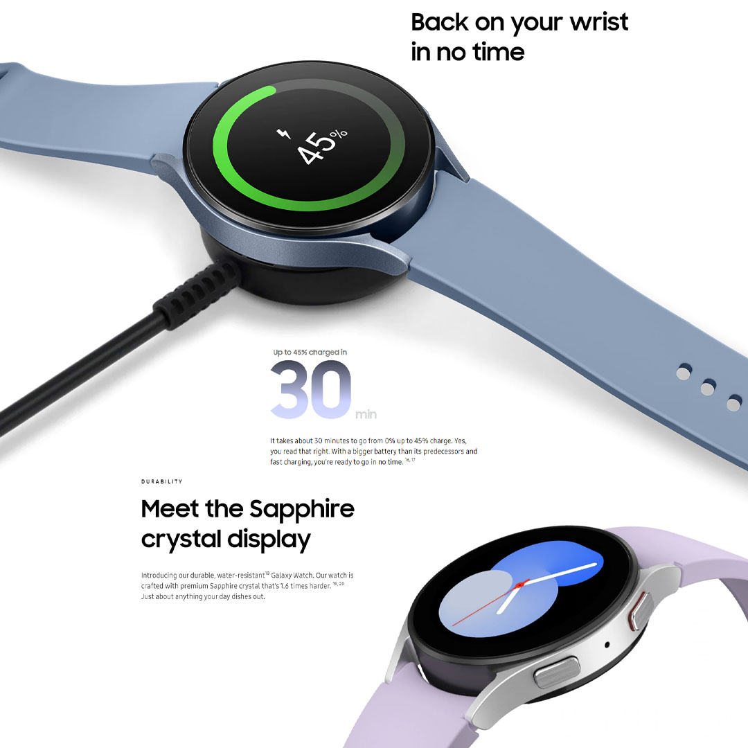 SAMSUNG Galaxy Watch5 Bluetooth 44mm | 1.4 Super AMOLED | 410mAh Battery | Heart Rate Sensor | Camera Controller | WiFi | NFC | GPS | Smart Watch with 1 Year Warranty