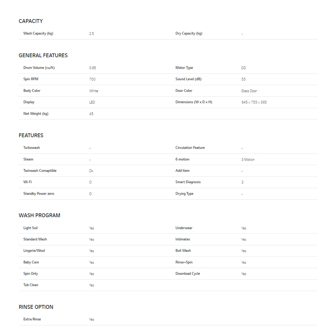 LG 2.5KG TWIN Load Washer with Perfect solution for daily laundry T2525NWLW | Smart Diagnosis™ | Tub Clean | ThinQ™ | Washing Machine with 1 Year Warranty