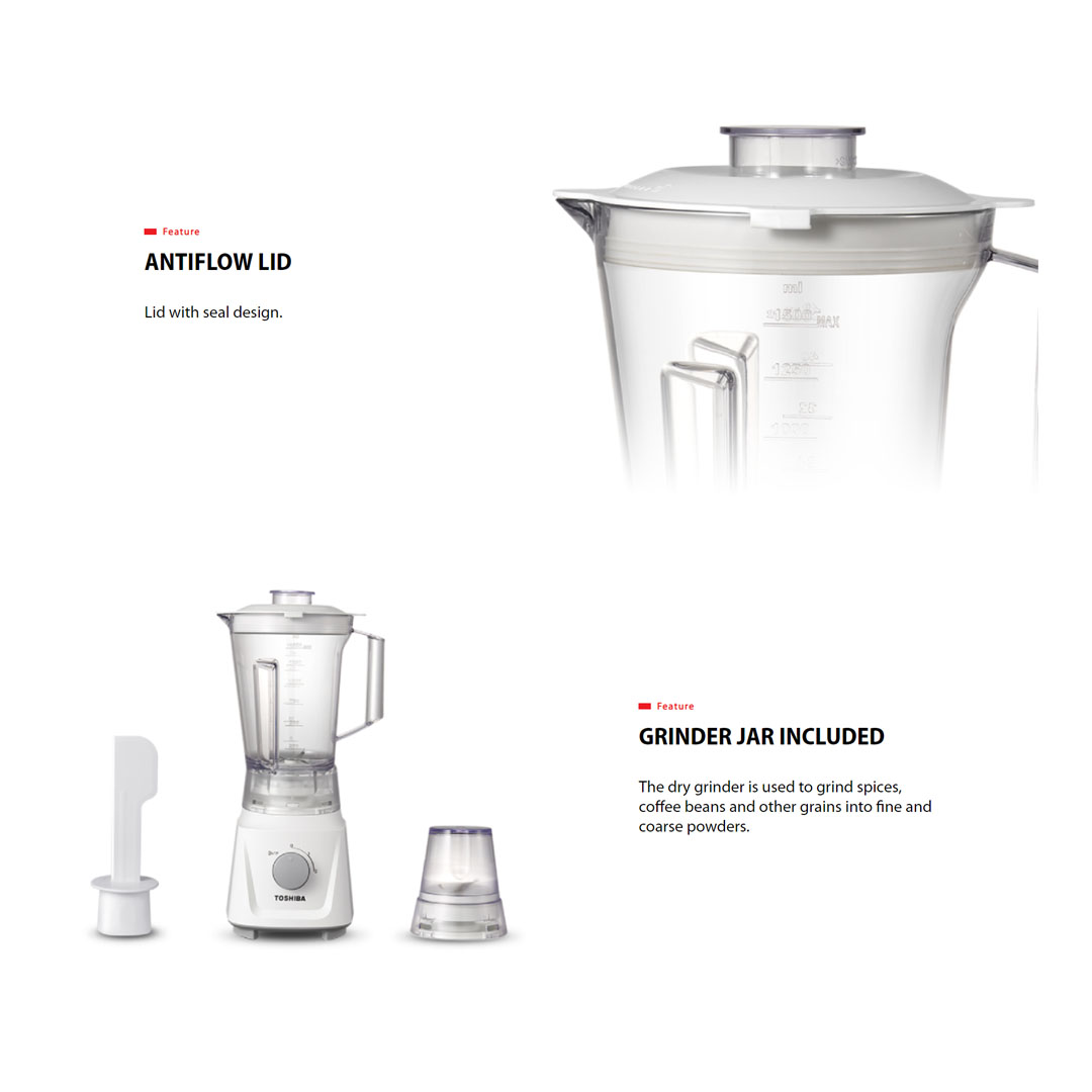 TOSHIBA 1.5L Jug Blender BL-60PHNMY | 600W Motor | Simple 2 Speed Knob | Safety Lock | Auto Protect | Antiflow Lid | Fine Cutting | Blender with 1 Year Warranty