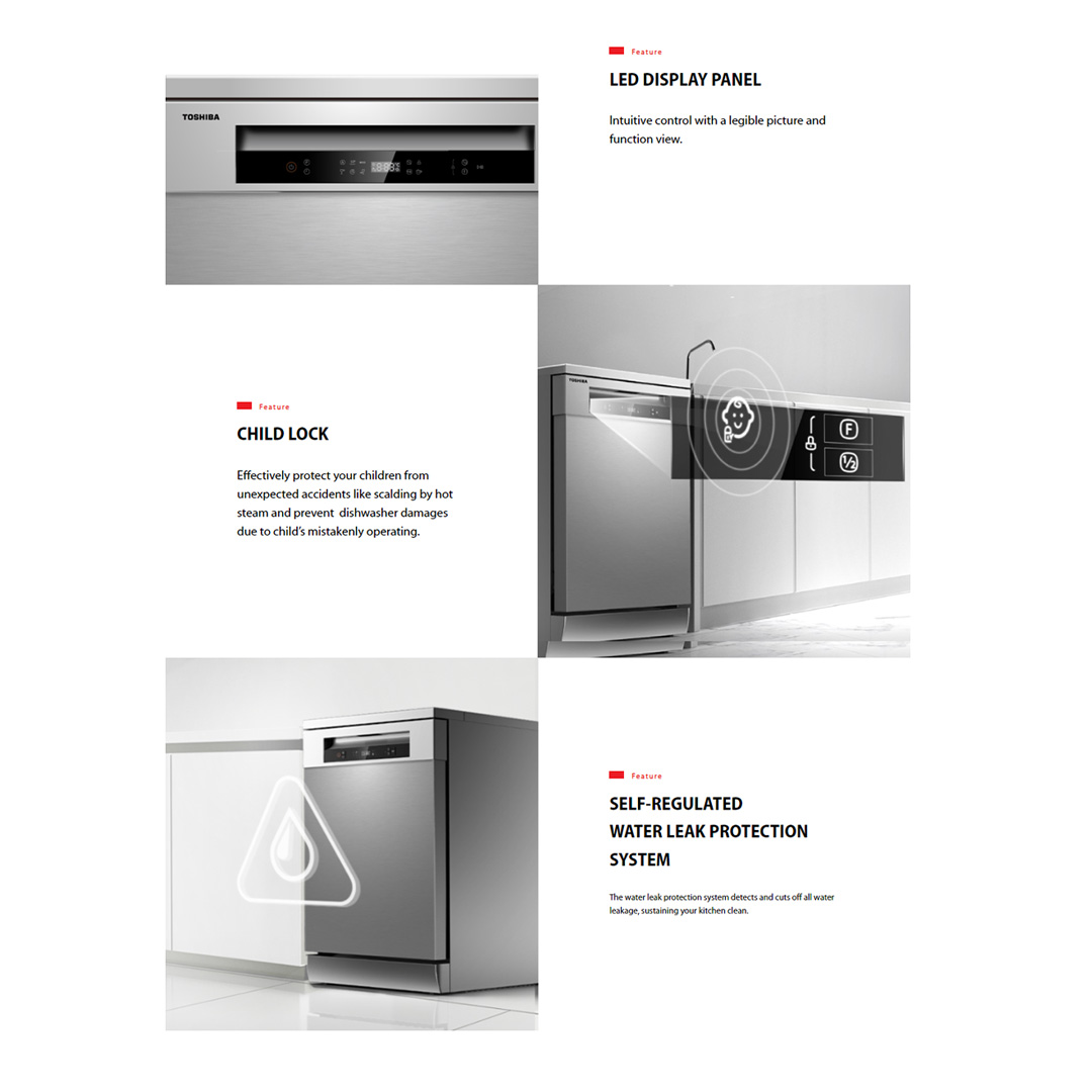 TOSHIBA 14 Place Setting Standing Dishwasher DW-14F1(S)-MY | High-Standard Hygiene | Personalize Uncleaned Dishware | Off-Peak Wash | Soil-Sensing Auto Cycle | Daily Auto | Half Load | LED Display Panel | Standing Dishwasher with 1 Year Warranty