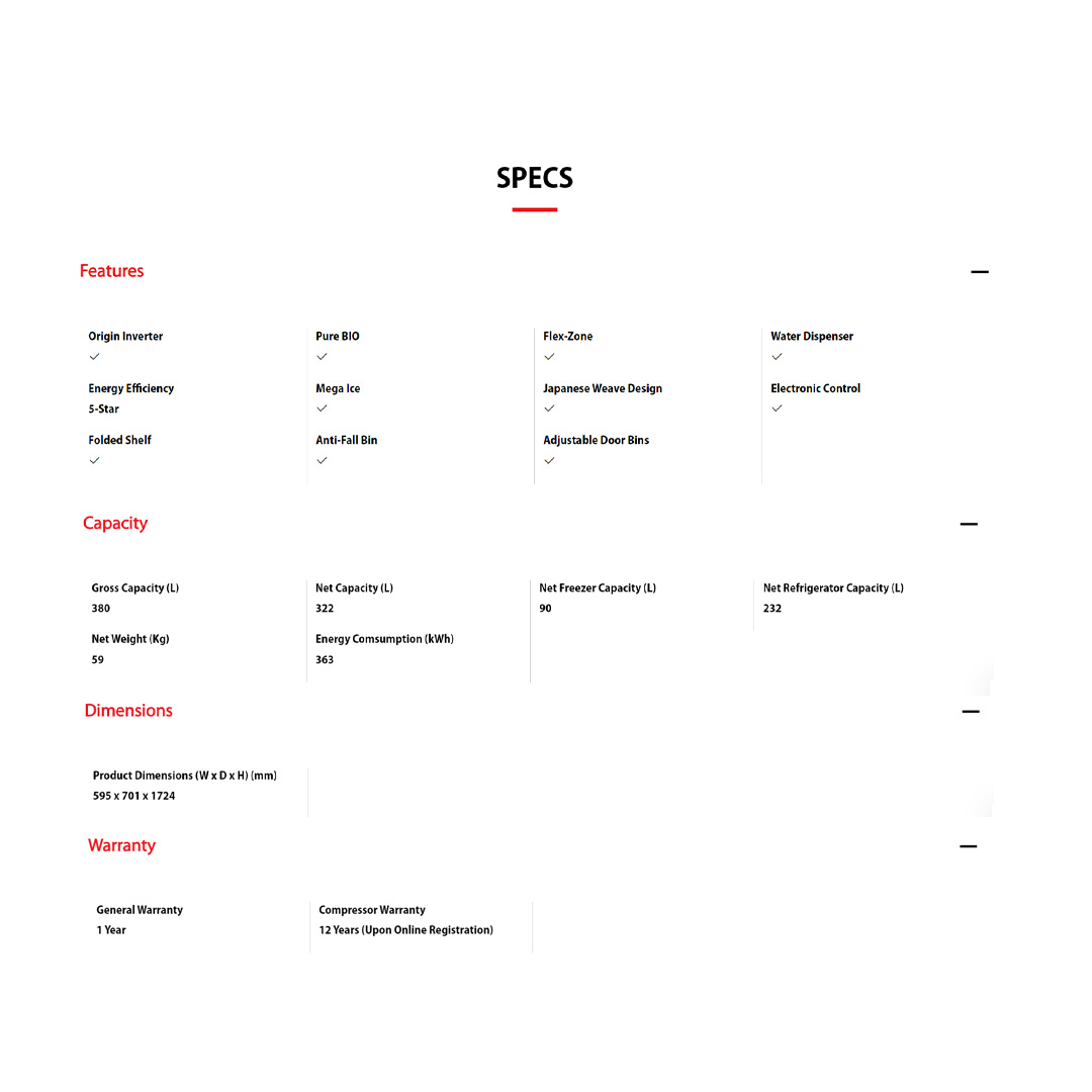 TOSHIBA 380L 2 Doors Bottom Mount Inverter Refrigerator GR-RB410WE-PMY(37) | Water Dispenser | Folded Shelf | Electronic Control | Mega Ice | Refrigerator with 1 Year Warranty