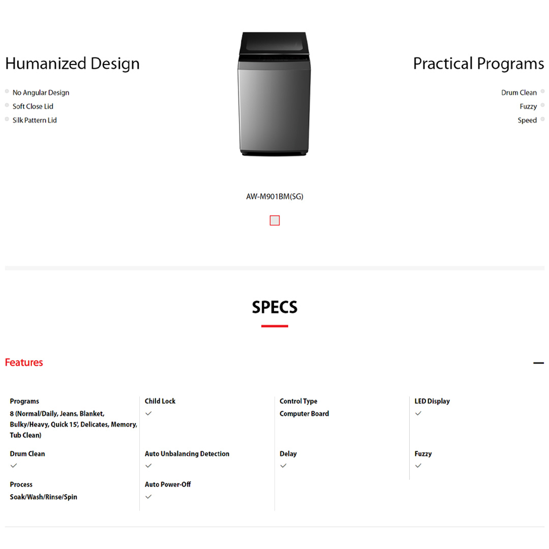 TOSHIBA 8KG Top Load Washing Machines AW-M901BM(SG) | LED Display | Child Lock | Auto Power-Off | Control Type | Drum Clean | Washing Machine with 2 Years Warranty