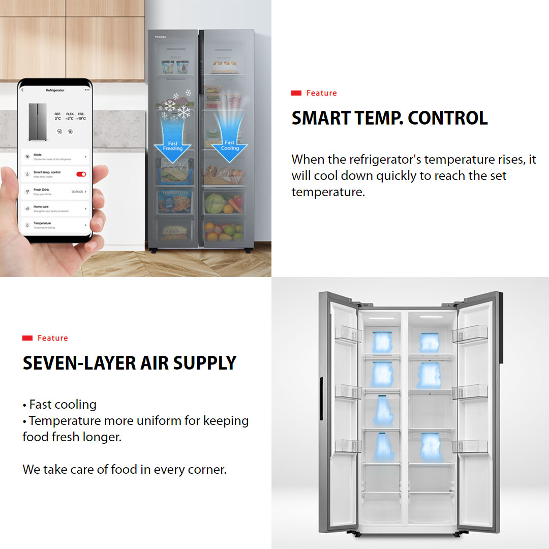 TOSHIBA 530L Side by Side Dual Inverter Refrigerator GR-RS600WI-PMY(37) | TSmartLife Smart Control | Smart Temperature Control | Seven-Layer Air Supply | Refrigerators With 1 Year Warranty