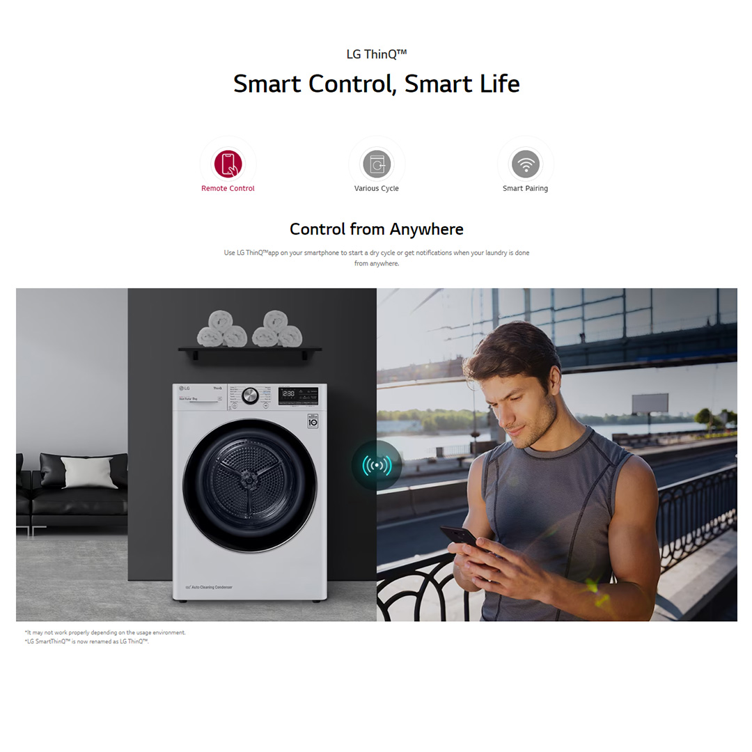 LG 9KG Front Load Heatpump Dryer with Dual Inverter and Auto Cleaning Condenser VD-H9066WS | Quick Dry | LG ThinQ™ | Wi-Fi | Dryer with 1 Year Warranty