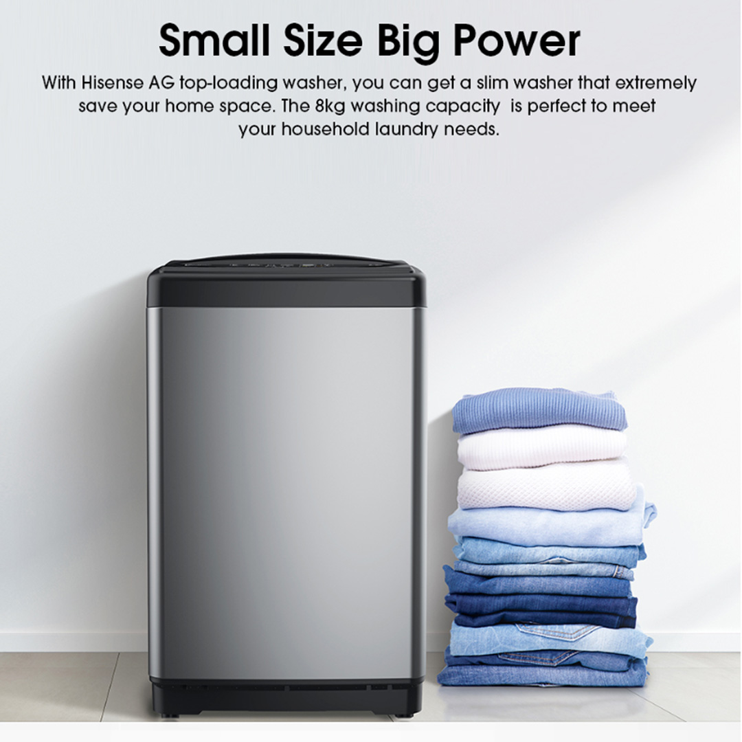 HISENSE 8KG Top Load Washing Machine with HIJAB Mode WTAG8511T | Solid Glass Door | 3D Windmill Impeller | Self Diagnosis | Tub Clean | Small Size Big Power | Washing Machine with 2 Year Warranty