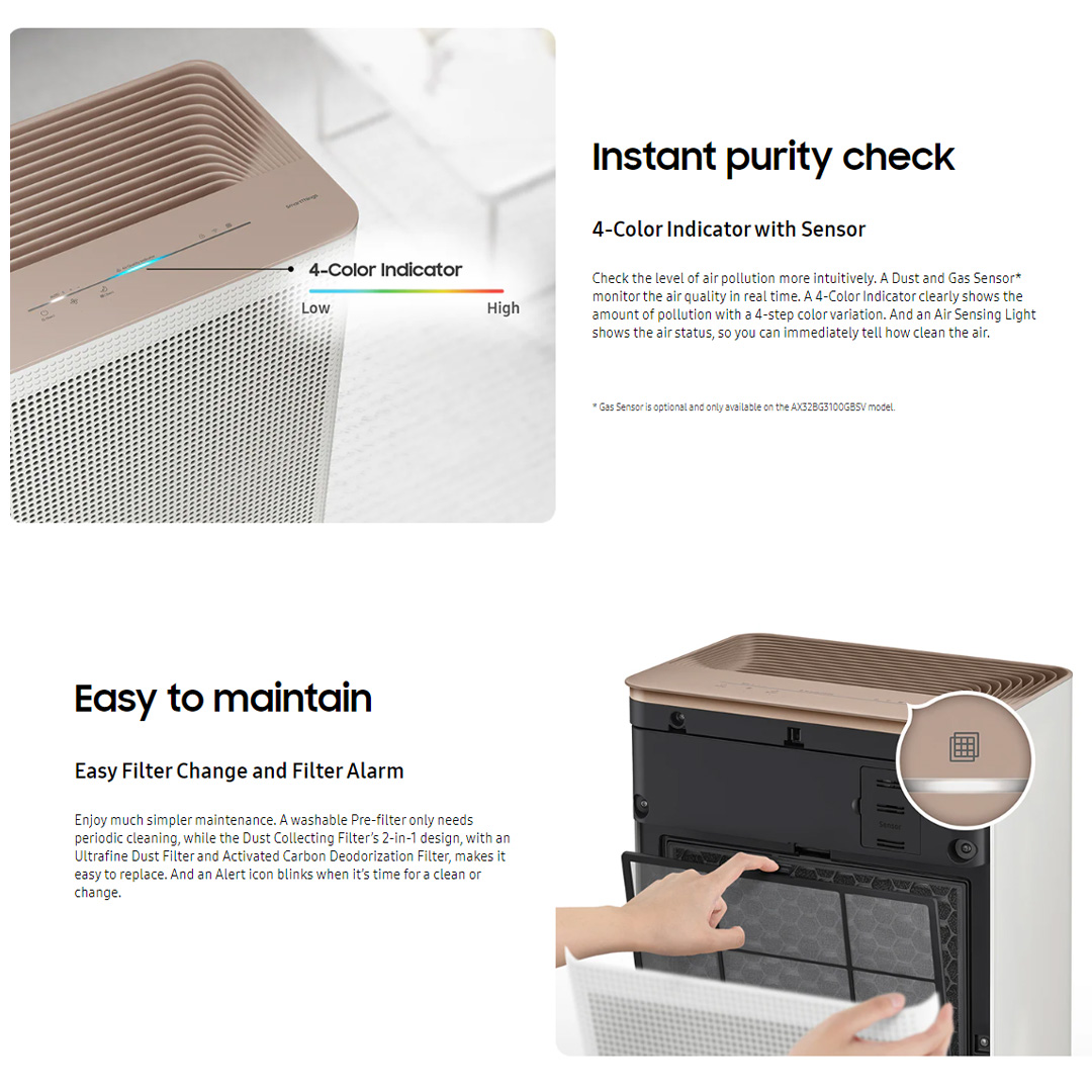 SAMSUNG 40m²/min Smart Air Purifier AX32BG3100GBME | Sleep Mode | Compact Design | Auto Mode | SmartThings | Easy to Maintain | Air Purifier with with 1 Year Warranty