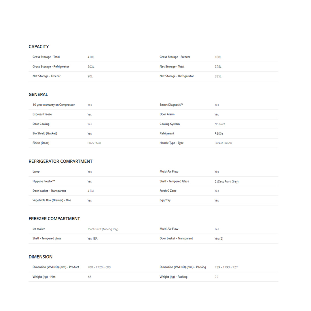 LG 410L 2 Doors Top Mount Smart Inverter Refrigerator GN-B372PXBK | Hygiene Fresh+™ | Fresh 0 Zone | Smart Diagnosis™ | Refrigerator With 1 Year Warranty