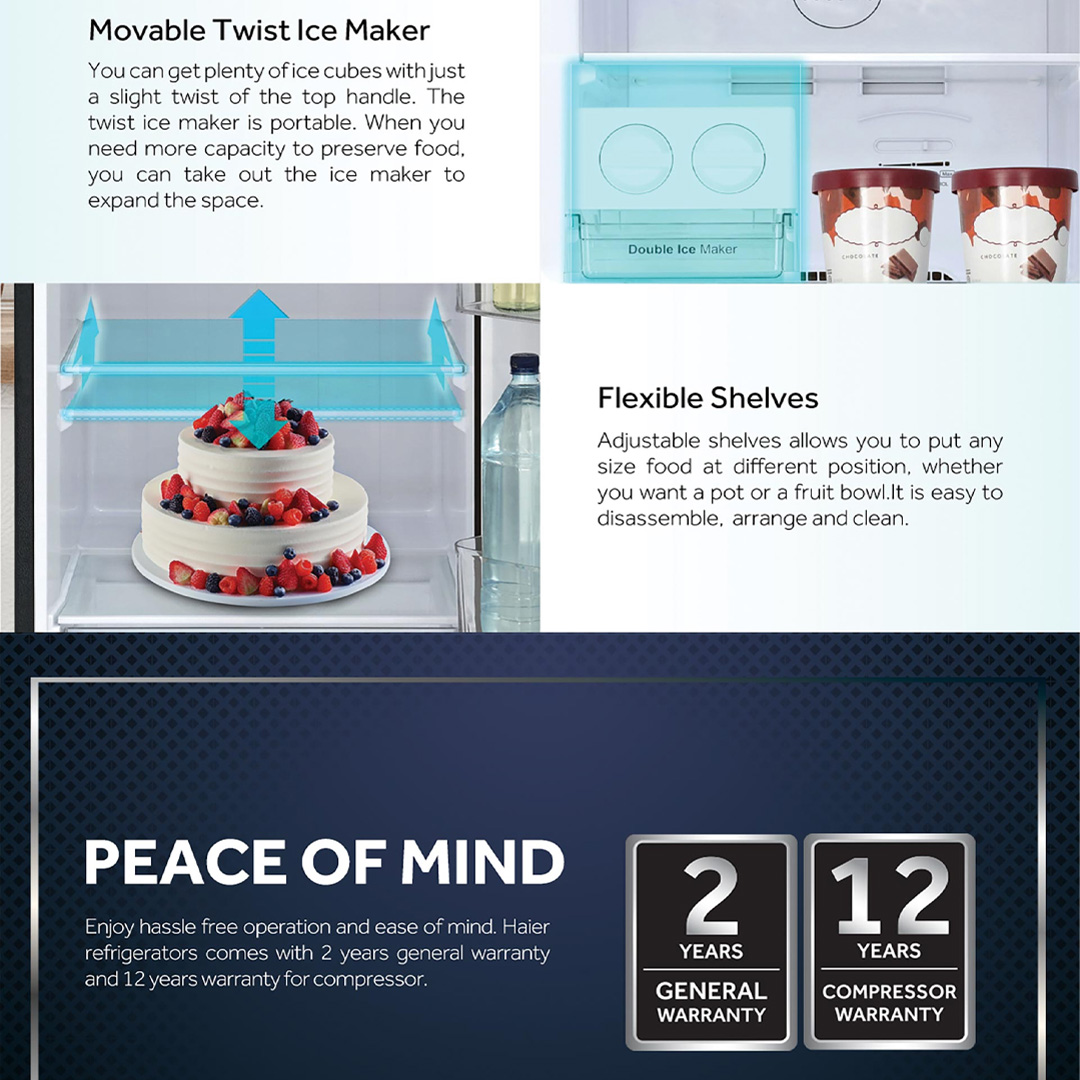 HAIER 418L 2 Doors Top Mount Twin Inverter Refrigerator HRF-418IHM | Fast Cooling System | Movable Twist Ice Maker | Flexible Shelves | Refrigerator with 2 Years Warranty