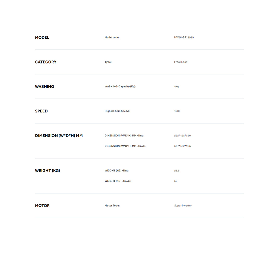 HAIER 8KG Front Load Super Inverter Washing Machine HW80-BP12929 | Super Drum XL | Super Inverter | Smart Dual Spray | Washing Machine with 2 Year Warranty