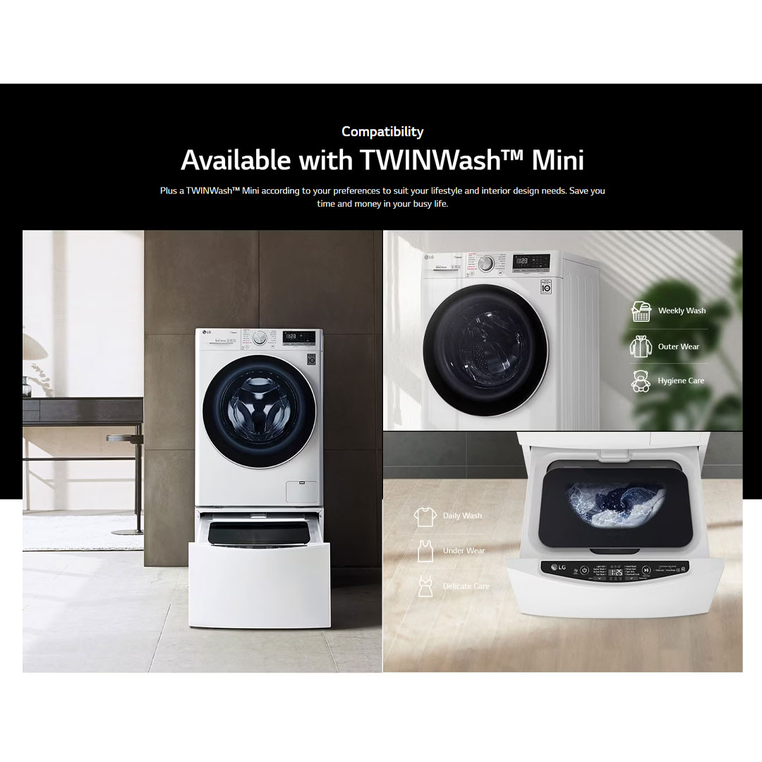 LG 9KG Front Load Washer with AI Direct Drive and Steam FV1409S4W  | Wifi | 6 Motion | Allergy Care | Quick 30 | Smart Diagnosis | Easy Care | Tub Clean | Cotton+ | Delicate | Silent Wash | Washer Dryer with 1 Year Warranty