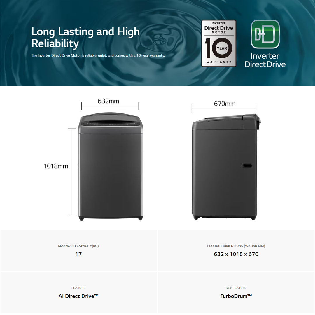 LG 17KG Top Load Direct Drive Inverter with Intelligent Fabric Care Washing Machine TV2517SV3B | 6 Motion DD | Bigger Capacity | Intelligent Fabric Care | Washing Machine with 1 Year Warranty