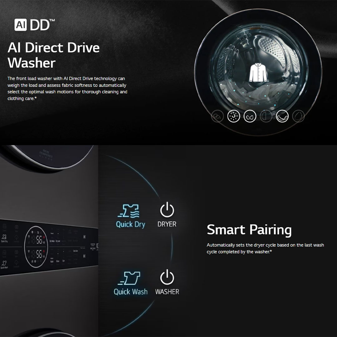 LG 21KG/16KG All-In-One Stacked Washer Dryer with AI Direct Drive WT2116SHB | Heat Pump Dryer | Smart Pairing | Safety Lock | Washer Dryer with 1 Year Warranty