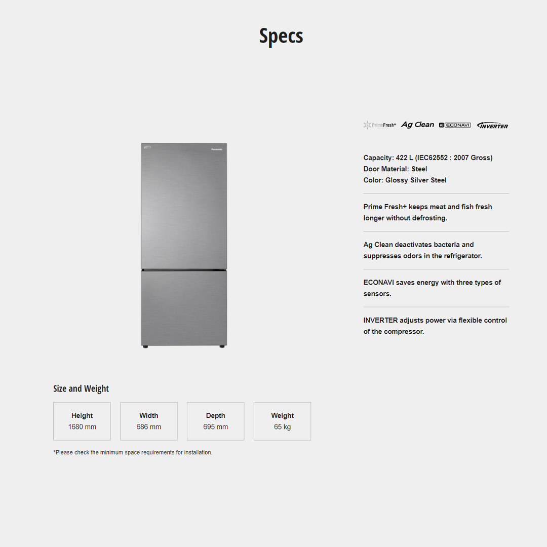 Panasonic 422L 2 Doors Bottom Mount Inverter Refrigerator with AI ECONAVI NR-BX421BPS | Faster Soft Freezing Keeps Food Fresh with Prime Fresh | Cook Healthy Meals Every Day with Prime Fresh | Anti-bacterial Effect | Refrigerator With 1 Year Warranty