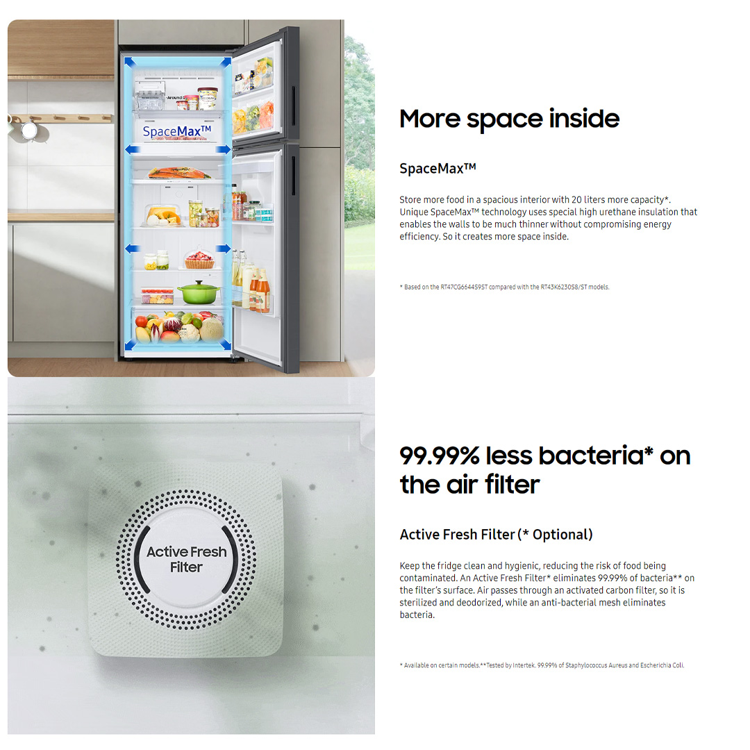 SAMSUNG 476L 2 Doors Bespoke Top Mount Digital Inverter Refrigerator with Optimal Fresh RT47CB66448JME | SpaceMax™ | All-Around Cooling | Multi Flow | Optimal Fresh Zone | Refrigerator with 1 Year Warranty