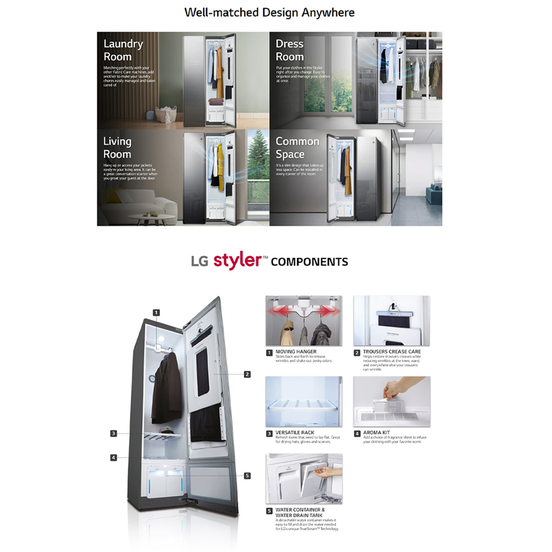 LG 3+1 Places Setting Smart Wardrobe with True Steam & Gentle Dry S3MFC | Wi-Fi | Moving Hanger | Refresh Mode | Smart Wardrobe with 1 Year Warranty