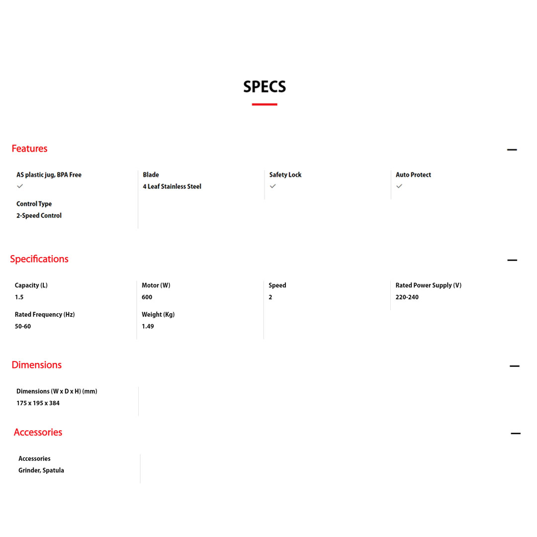TOSHIBA 1.5L Jug Blender BL-60PHNMY | 600W Motor | Simple 2 Speed Knob | Safety Lock | Auto Protect | Antiflow Lid | Fine Cutting | Blender with 1 Year Warranty