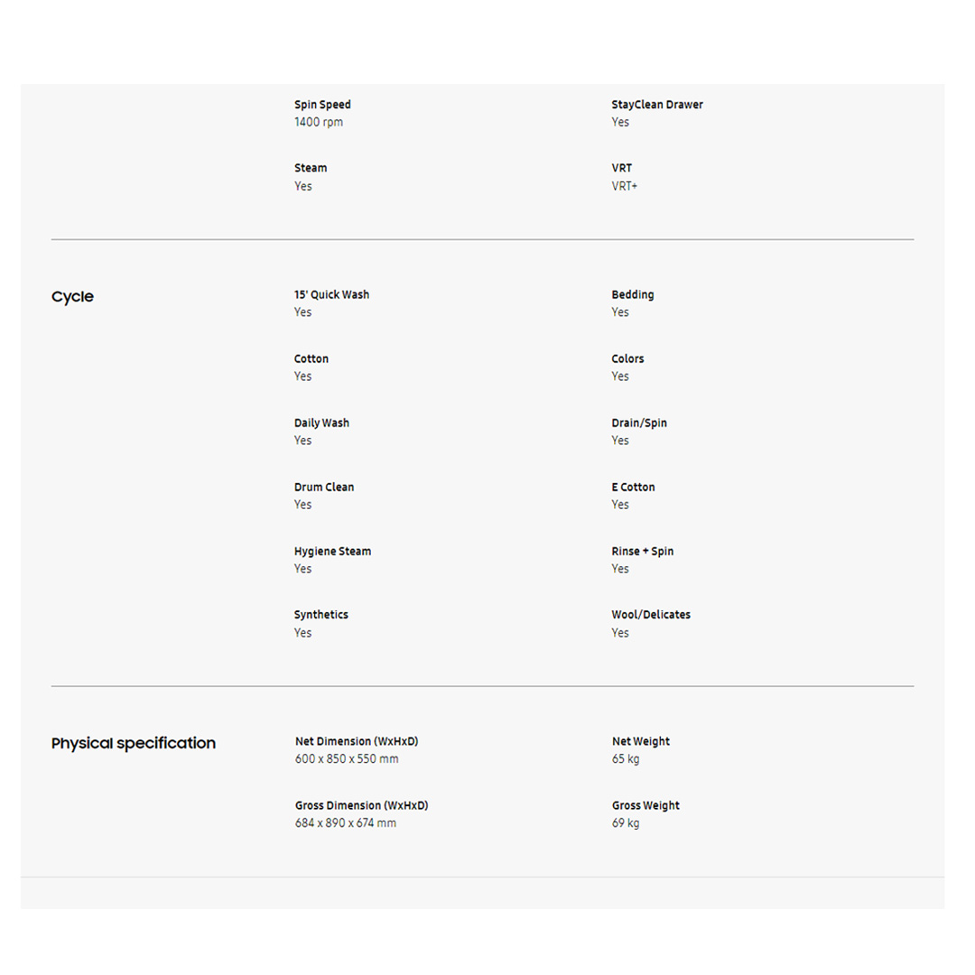 SAMSUNG 8.5KG Front Load Digital Inverter Washing Machine with Hygiene Steam WW85T4040CE/FQ | Drum Clean | StayClean Drawer | Child Lock | Door Lock | Washing Machine with 1 Year Warranty