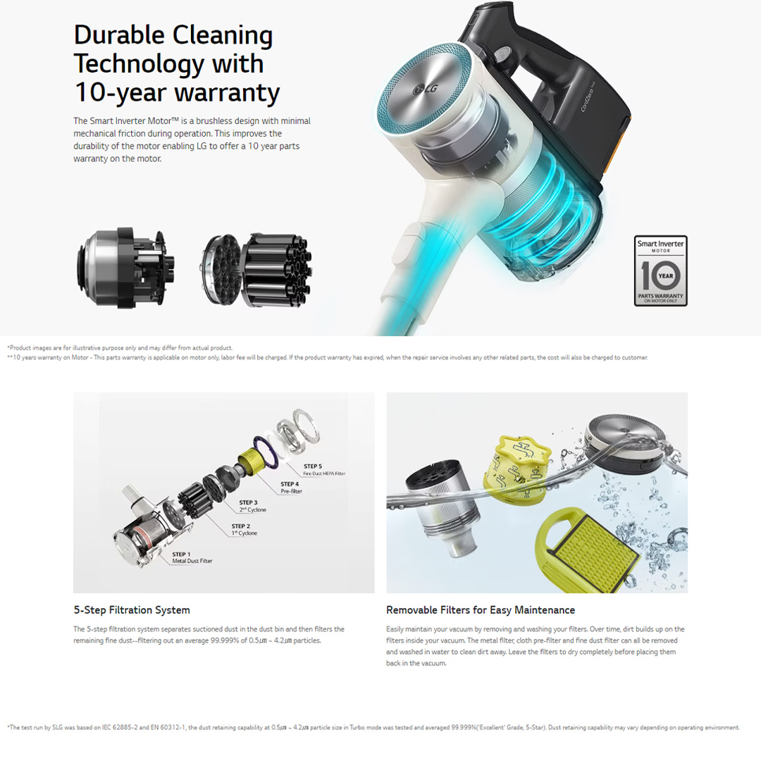 LG 590W CordZero A9Komp with All-in-One Tower Vacuum-Mop A9T-Max | Smart Inverter Motor | 5 step Filtration | Dual Battery Packs | Stick Vacuum with 2 Year Warranty