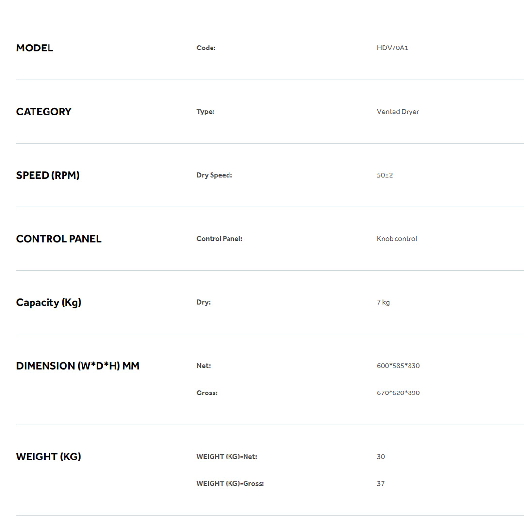 HAIER 7KG Vented Dryer HDV70A1 | Hygiene Care | Sensor Dry | Anti-Crease Function | Reversible Tumble | Knob Control | Air Dry | Reversible Drum | Dryer with 2 Year Warranty