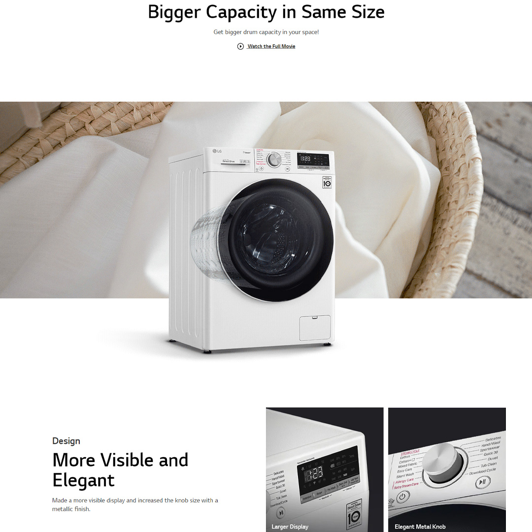 LG 10.5KG Front Load Washer with AI Direct Drive and Steam FV1450S4W | 6 Motion | Smart Diagnosis | Wifi | Tub Clean | Easy Care | Silent Wash | Smart Appliance | Loa Washer with 1 Year Warranty